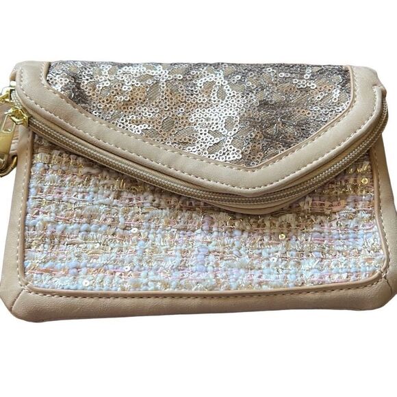 Maurice's Sequin Knit Tan Leather‎ Zip Clutch Purse - Picture 5 of 8